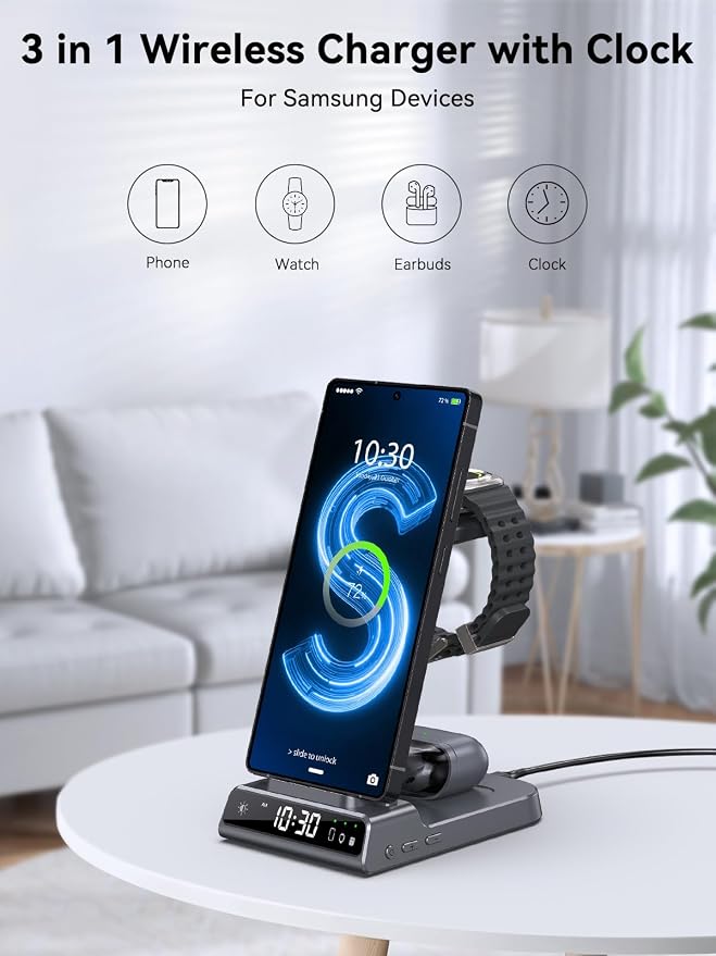 Wireless Charger for Samsung Charging Station with Clock for Samsung Galaxy S25 Ultra/S24/Z Flip 7/Z Fold 6/Bud, 3 in 1 Android Charging Station, Watch Charger for Samsung Galaxy Watch 8/7/6/5 (Grey)