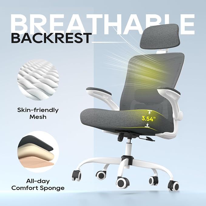 Ergonomic Office Chair for Long Hours, Adjustable Padded Lumbar Support for Lower Back Relief, 330 lb Capacity, Comfortable Computer Desk Chair for Home Office, Work & Study