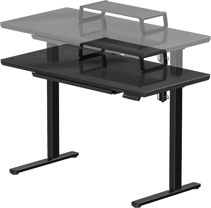 SHW 48-Inch Glass Electric Height Adjustable Standing Desk, Black | w/ Monitor Riser | Memory Presets and Cable Management | Drawer with Built-in Compartments | Hanging Hooks