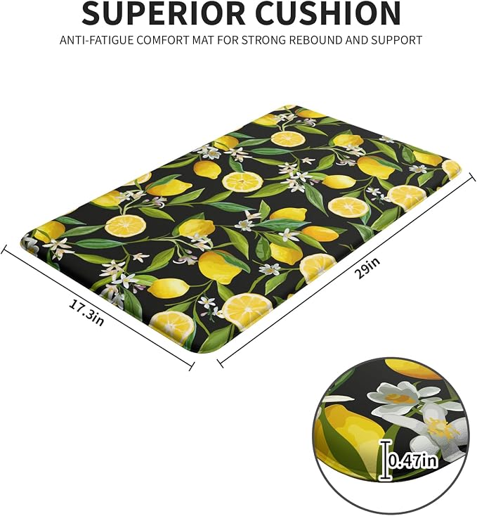 Lemon Kitchen Decor Kitchen Mat, Cushioned Anti Fatigue, Non-Slip | Lemon Pattern,Cushioned Comfort,Non-Slip Backing,Waterproof Surface,Soft Underfoot,Easy Clean,Kitchen Sink,Laundry