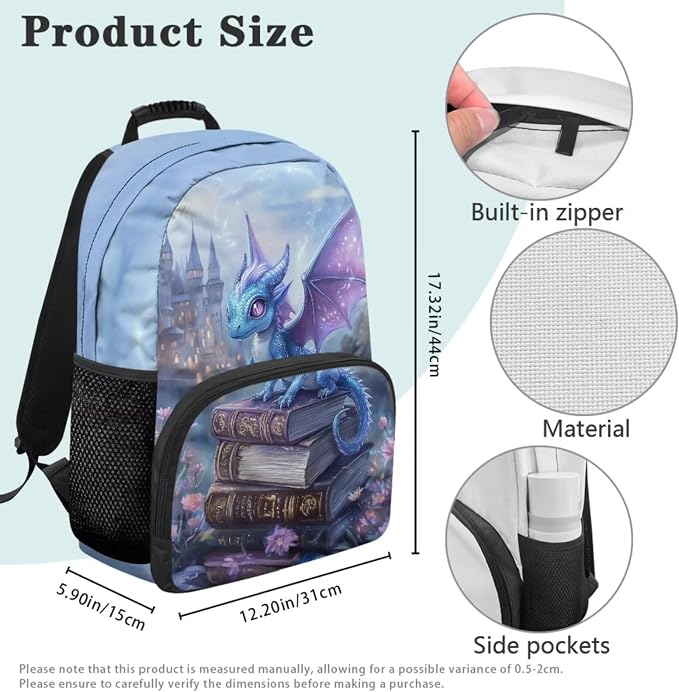 Kawaii Dragon Girls School Backpack Set 4 PCS, 17 Inch Cute Cartoon Dragon Bookbag with Lunch Bag for Elementary Kids Ages 6-8 Back to School, Book Lover
