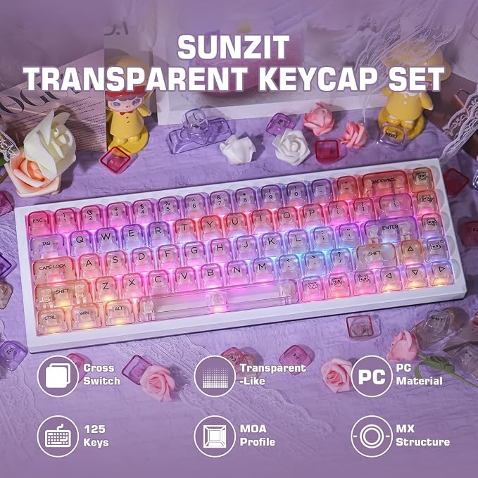 Sunzit Transparent Keycaps-Sunset Purple 125 Keys, MOA Profile Keycap Set, Custom Minimalist Style Keycaps, Fully Backlit Key Cap for MX Switches Mechanical Keyboard