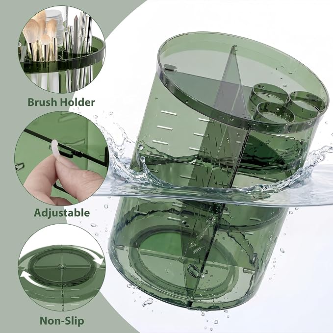 Rotating Makeup Organizer with DIY 8 Adjustable Layers, Clear Green | Spinning Skincare Storage, Cosmetic Display Case with Brush Holder and Perfume Tray