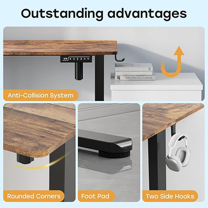 Small Electric Standing Desk, 35" ×20" Standing Table, Height Adjustable Compact Sit Stand Workstation with Splice Board, Home Office Desk with 2 Hooks, Rustic Brown