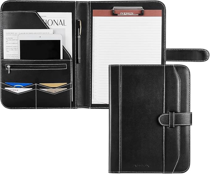 Leather Portfolio Notebook with Folder，Storage Clipboard with Cover for Legal Pad Holder Letter Size A4 Writing Pad for Business School Office Resume Conference Notepad Clip Boards(Black)