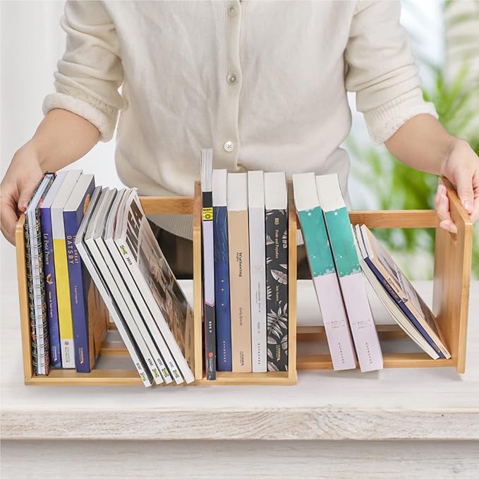 ZOOFOX Bamboo Desktop Bookshelf, Expandable Desktop Organizer, Small Display Shelf Book Rack for Office Supplies, Home Tabletop