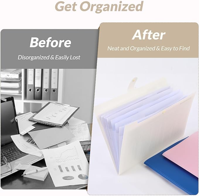SKYDUE Accordion File Organizer, Expanding File Folder with 8 Pockets, Portable Document Paper Organizer, Letter/A4 Size Filing Folder，School Office Supplies Hospital Bag Essentials Cream