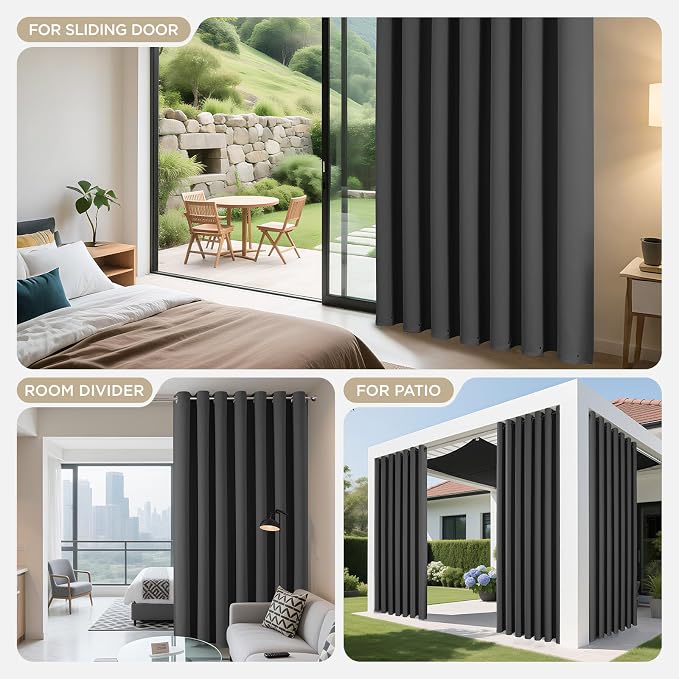 Joydeco Blackout Patio Sliding Door Curtains 96 Inches Long, Grommet Privacy Room Divider Curtains, Extra Wide Thermal Blackout Drapes for Bedroom Living Room (Grey, 100Wx96L, 1 Panel)