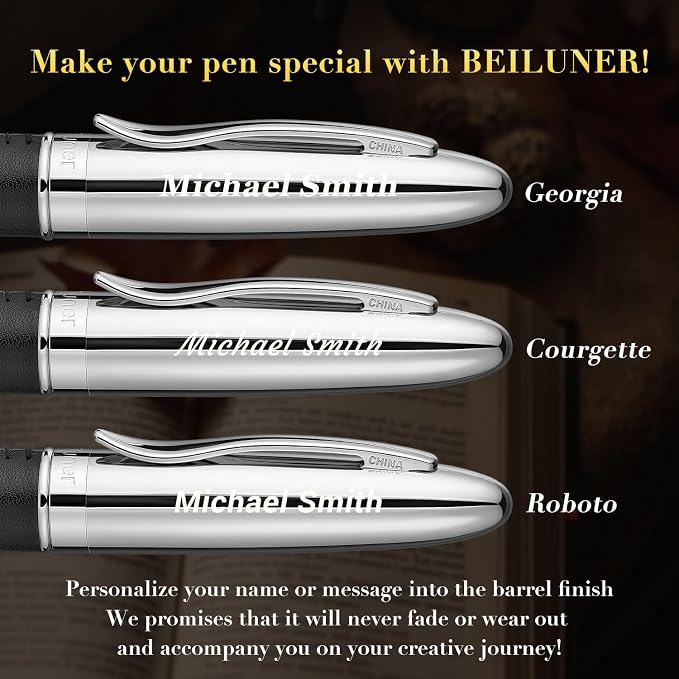 BEILUNER 318 Luxury Personalized Leather Pen, Hand-Stitched Premium Black Leather, Chrome-Plated Finish, Smooth Refill, Fancy Rollerball Pen Gift Set for Men & Women, Executive, Nice Designer pen