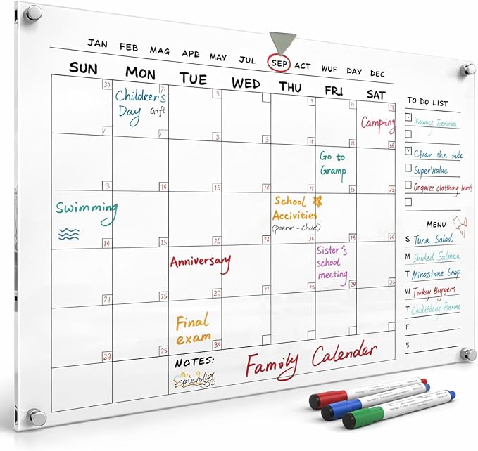 Large 28x20 Acrylic Wall Calendar – Clear Dry Erase Monthly Planner for Wall – Family Command Center for Home, Office & Kitchen – Reusable Acrylic Calendar with Markers & Accessories
