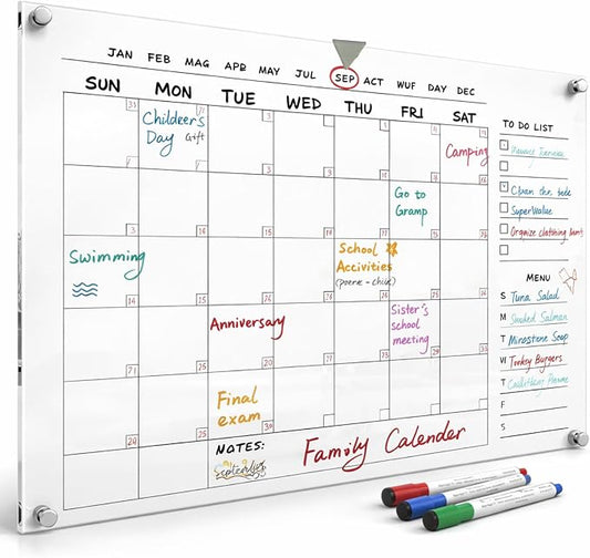 Large 28x20 Acrylic Wall Calendar – Clear Dry Erase Monthly Planner for Wall – Family Command Center for Home, Office & Kitchen – Reusable Acrylic Calendar with Markers & Accessories