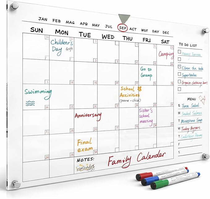 Acrylic Wall Calendar – Medium Clear Dry Erase Wall Calendar 24x18 – Acrylic Monthly Wall Planner for Home, Office & Family – Reusable Transparent Wall Calendar with Markers