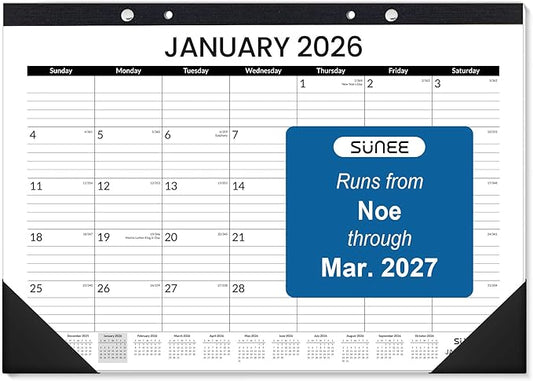 SUNEE Desk Calendar 2026, 18 Months from Oct. 2025 to Mar. 2027, 17"x12" Academic 2026 Calendar for Home, School, or Office Desk Top Organizing, Black Monthy Calendar 2026