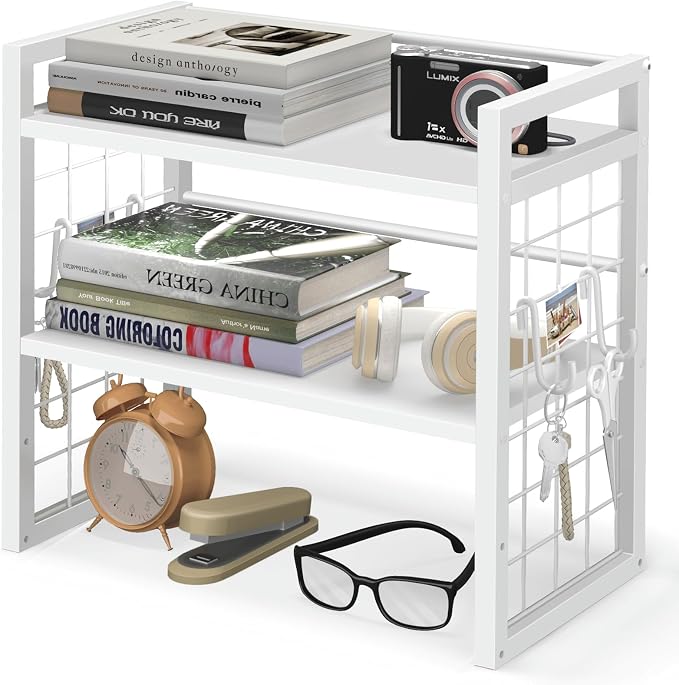 ELITEROO Desk Shelf Organizer, Tiered Wood Desktop Book Shelf, White | Desk Top Storage Rack, Freestanding Tabletop Organizer for Top of Desk, Office Supplies, Books & Decorations