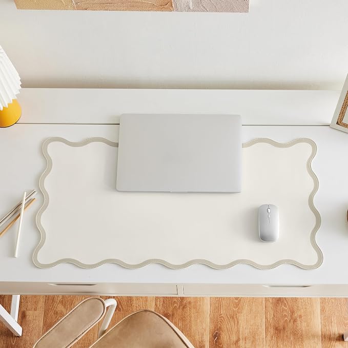 Scalloped Desk Mat, 31.5" x 15.7", PU Leather, Waterproof Anti-Slip, Cute Aesthetic Desk Pad for Office/Home/Game/Vanity (Beige, 31.5" x 15.7")