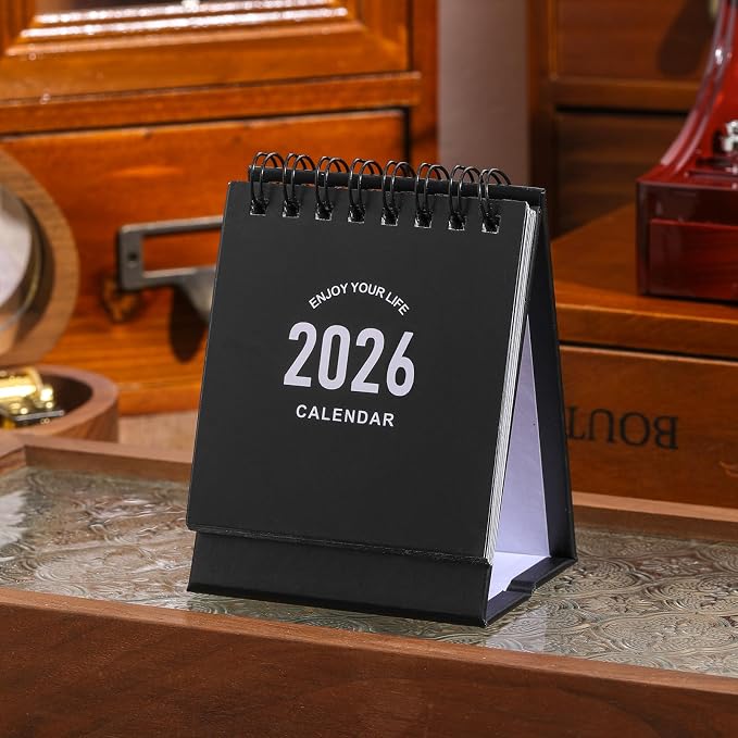 Mini Desk Calendar 2026 - Use January 2026 to June 2027, Small Standing Desk Calendars with Stickers for Home Office School, 250gsm Thick Paper (Mini Black)