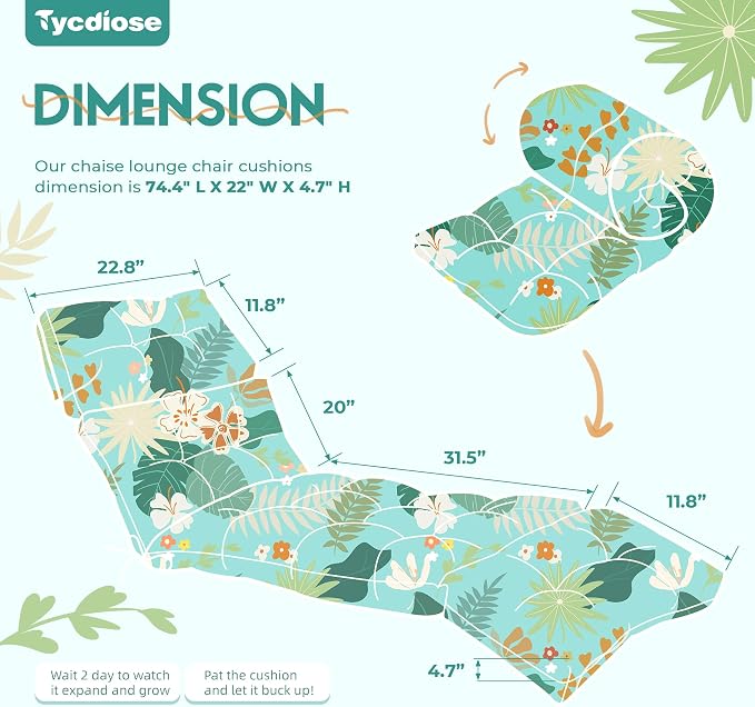 Outdoor Chaise Lounge Chair Cushion Waterproof 74.4 x 22 x 4.7 Inches Thickened Memory Foam Patio Lounge Chair Cushions Replacement for Outdoor Furniture with Ties, Cyan Floral Leaf