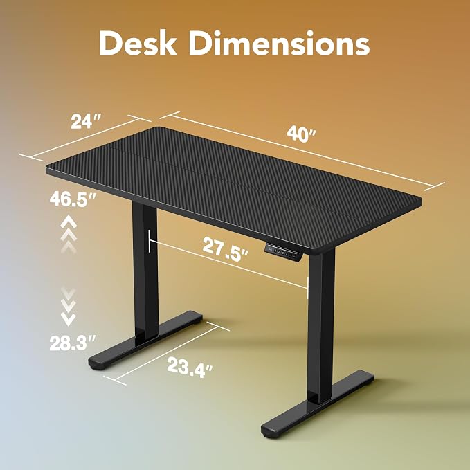 HUANUO Electric Standing Desk,40" x 24" Height Adjustable Desk, 4 Memory Height Settings, Sit to Stand Up Desk for Home Office, with Headphone Hook, Cable Manager, Carbon Fiber Black