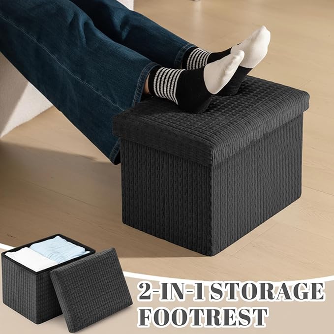 Thyle Storage Ottoman Cube, Small Foldable Footrest Stool for Under Desk Use, Sturdy Corduroy Ottoman with Storage for Snacks, Toys, Living Room, Bedroom, Dorm or Home Office, 16x12x12 Inch(Grey)
