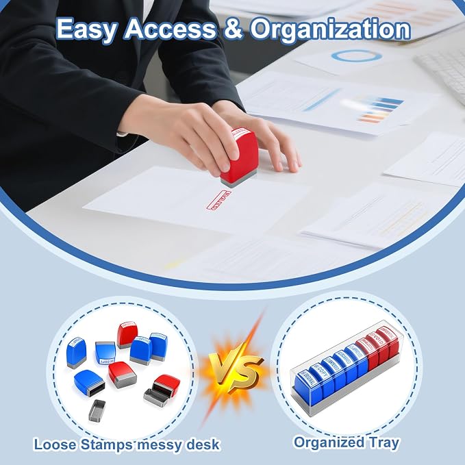 8 Pcs Office Stamps for Business, Paid Void Copy Scanned Confidential Approved Original Entered Self Inking Red Blue Rubber Stamps with Storage Tray, Account Finance Staff Supplies
