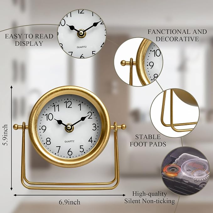EMAX HOME Small Gold Desk and Shelf Clock, 6.9*5.9 Inch Retro Elegant Tabletop Clock with Glass Cover, Silent Non-Ticking Battery Operated Decorative Clock for Living Room, Office, Bedroom, Gift Idea