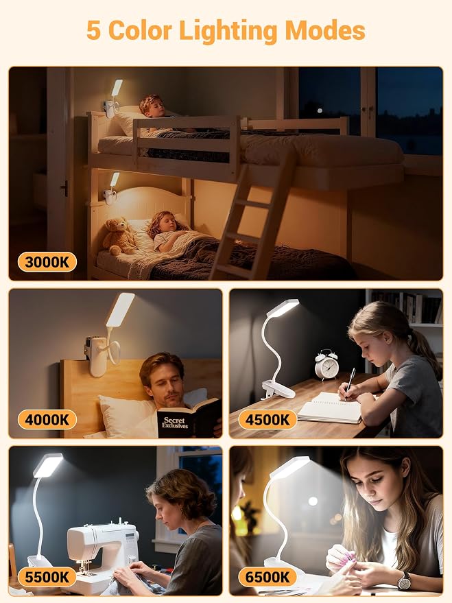 Clip on Light,45 Lighting Modes Rechargeable Desk Lamp with Clamp | 4000mAh Battery Operated Lamp,450 lm 48 LED Desk Light,Wireless & Cordless Reading Light for Bed/Bedside Table/Headboard/Dorm