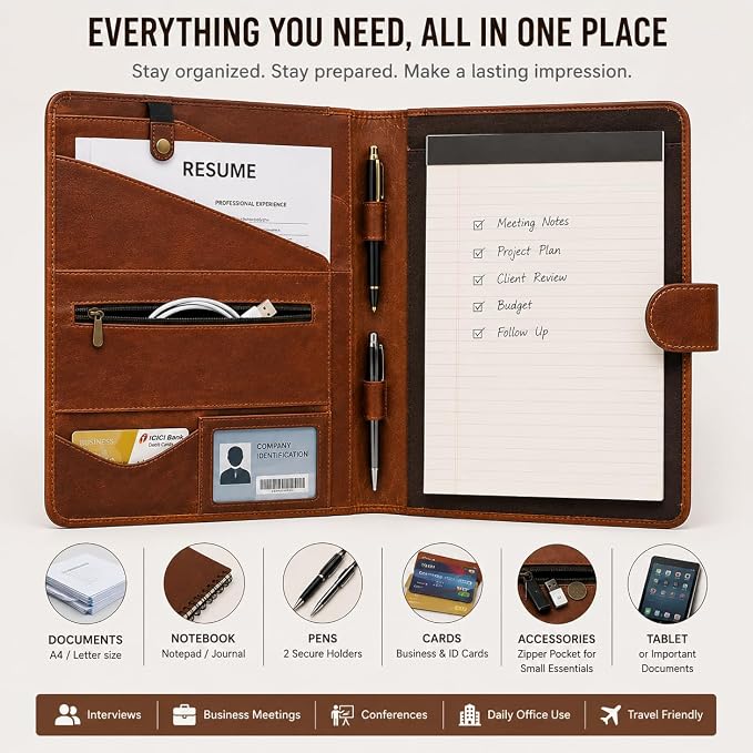 Leather Portfolio Padfolio Organizer – Professional Resume & Interview Portfolio Folder with Zipper Pocket, Card Slots & Pen Holders – Genuine Leather Business Portfolio Binder for Documents