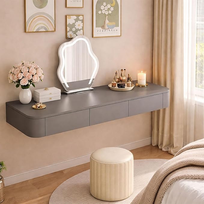 Floating Makeup Vanity Desk with Drawers Wall Mounted Makeup Table with Storage Fully Assembled Floating Vanity Desk Space Saving Modern Dressing Table for Bedroom Closet(Dark Gray,39.3")