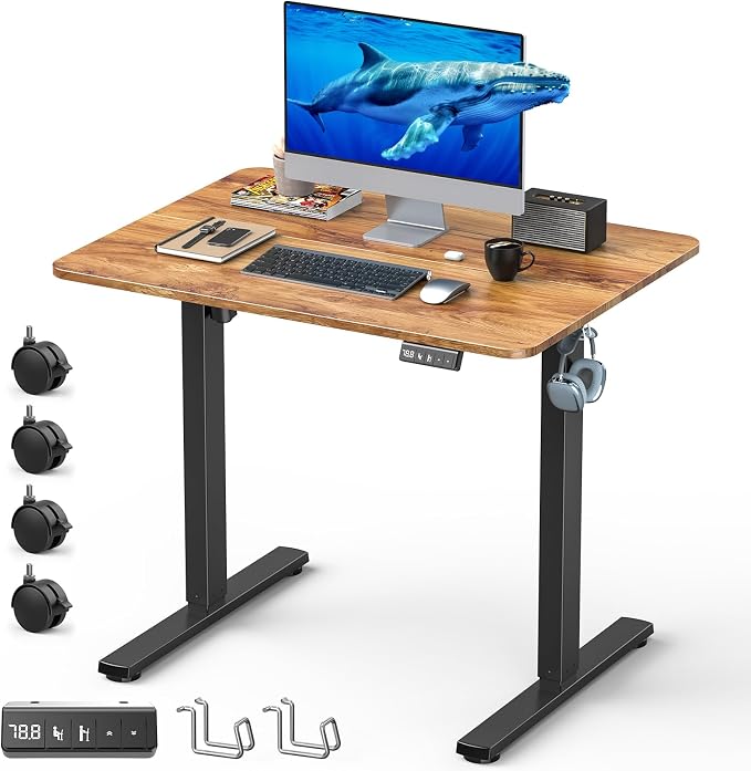 32" Small Rolling Electric Standing Desk Adjustable Height for Home Office | Mobile Sit Stand up Desk with Lockable Casters for Computer Workstation, Memory Preset, 2 Hooks, Black Frame/LightBrown Top