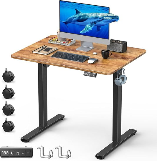 32" Small Rolling Electric Standing Desk Adjustable Height for Home Office | Mobile Sit Stand up Desk with Lockable Casters for Computer Workstation, Memory Preset, 2 Hooks, Black Frame/LightBrown Top
