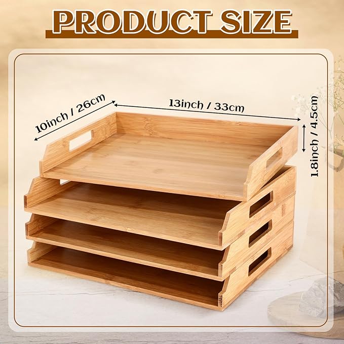 4 Pcs Stackable Paper Tray Bamboo Wood Desk Organizer Letter Tray 4 Tier Wooden File Organizer Desk Shelf for Documents, Letter Sorter, Envelopes and Magazine Holder