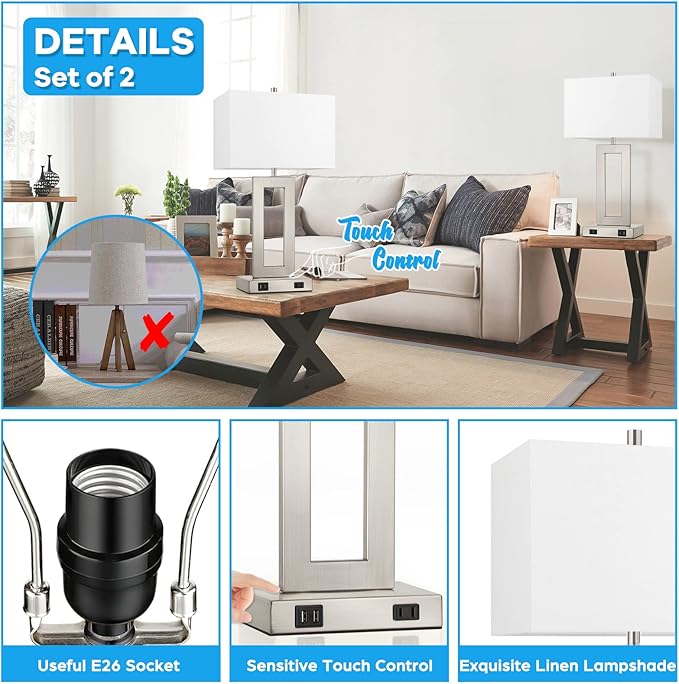 22'' Tall Table Lamps for Bedroom Set of 2, Silver Bedside Touch Control Lamp with 2 USB Ports&AC Outlet, Modern Living Room Table Lamp for Nightstand End Table, 3-Way Dimming with 2 E26 Edison Bulbs