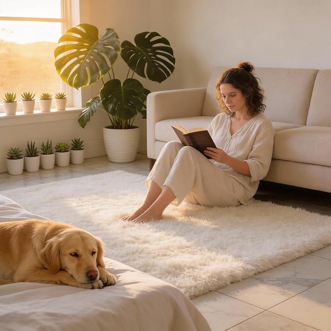 Shag Cream Rug 6x9 Area Rugs for Bedroom Living Room - Non Slip Ultra Soft Large Fluffy Fuzzy Shag Plush Shaggy Furry Rug for Dorm Kids Room Nursery Playroom, Home Office Modern Carpet Decor