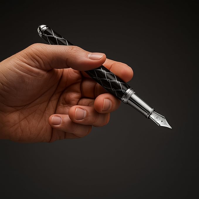 ‘The Weaver’ Black Luxury Executive Fountain Pen, Polished Lacquer and Chrome, Stainless Steel Nib, Easy Refill Ink Piston Converter, Smudge Free, No Bleed, Fits Our Instant Insert Ink Cartridges