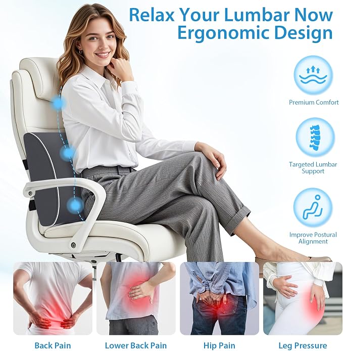 SweetSlubr Large Lumbar Support Pillow for Office Chair, Car Seats and Home Desks, Ergonomic Back Support with Double Adjustable Straps, Machine Washable Cover (Gray,XL)