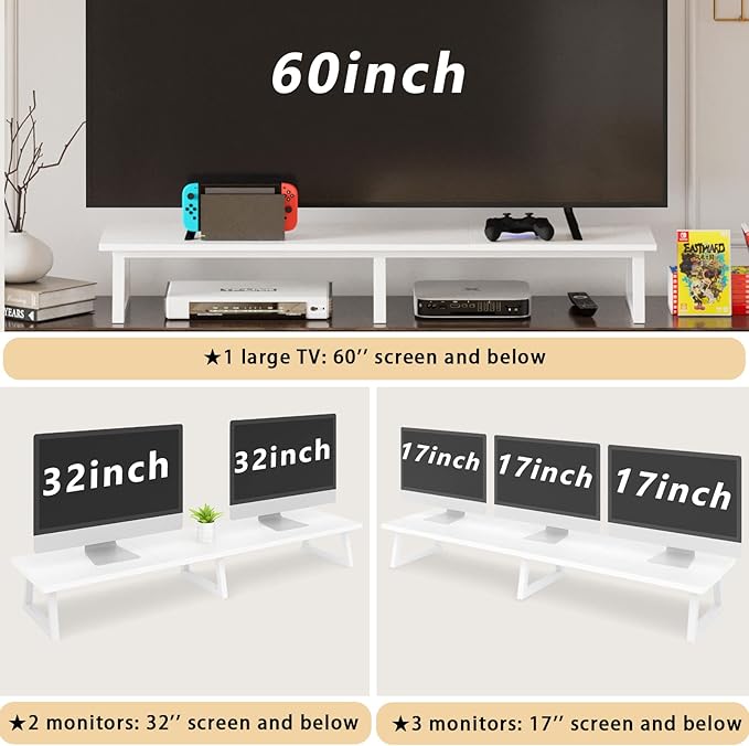 TEAMIX 42 inch Dual Monitor Riser White, Desk Organizer Stand for TV Laptop | Extra Long Stand Riser for 2 Monitors, Wood & Steel TV Riser, Holds 300lbs, Keyboard & PS5 Storage, For Home Office & Gaming