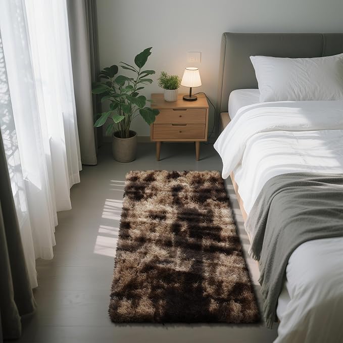 Fluffy Rug Shag Area Rug, Mottling Brown 2x4 Area Rugs for Bedroom, Small Bedside Rug, Soft Fluffy Shag Entryway Throw Rugs for Living Room Bedroom Room Home Decor