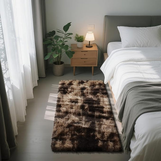 Soft Runner Rugs for Bedroom, Mottling Brown 2x6 Area Rugs Fluffy Rug Shag Area Rug Carpet, Bedside Rug for Living Room Bedroom Room Home Decor