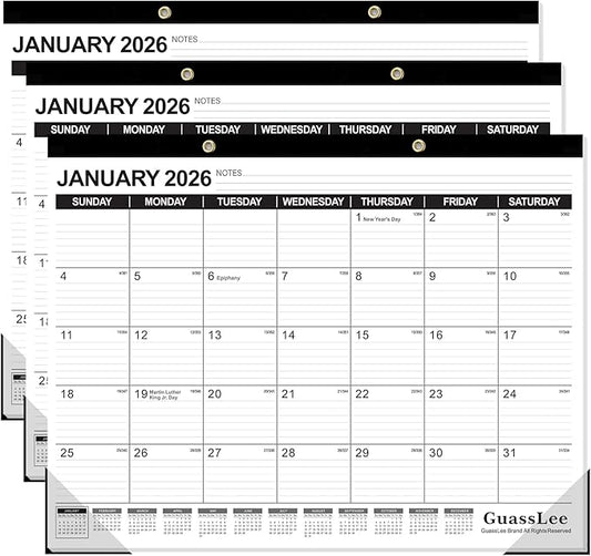 GuassLee Large Desk Calendar 2026, 3 Packs, 18 Months from Jan. 2026 to Jun. 2027, 22" x 17" Desk/Wall Calendar Hanging Planner with Julian Date, Notes, Corner Protectors for School Home Office