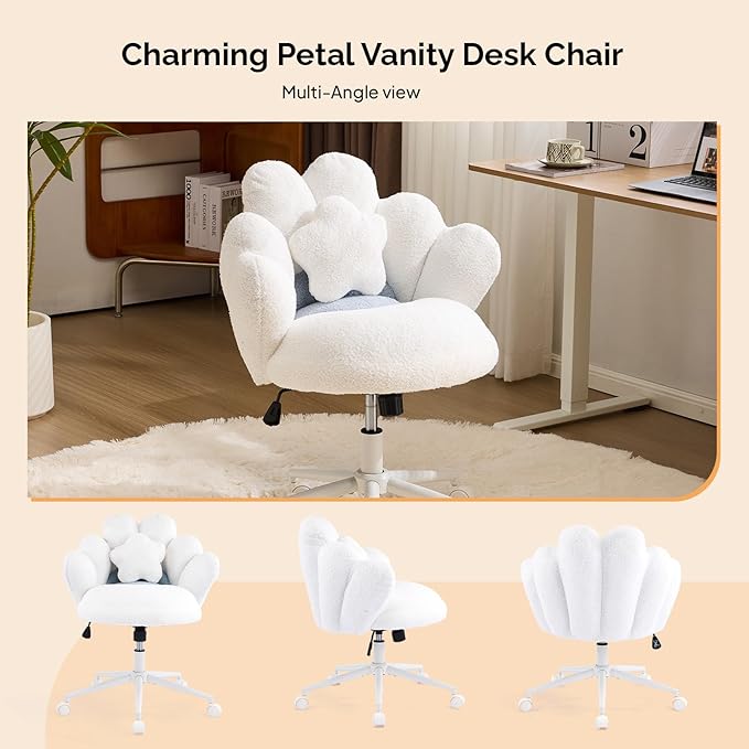 VINGLI Lovely Petal Vanity Desk Chair with Star Pillow, Height Adjustable Armless Swivel Chair in Vibrant Color-Blocking, Modern Computer Task Chair for Bedroom & Home Office, Teddy Fleece,White