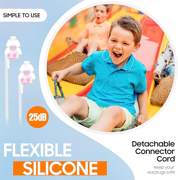 Kids Ear Plugs (6+yrs) - Reusable Noise Relief Earplugs with String for Child, Kids Ear Protection for Airplane, Focus, Anxiety, Stress, School, Home, Playtime, 25 dB Noise Reduction, 2 Pairs