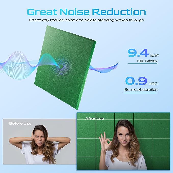 22 Pack Self-Adhesive Acoustic Panels, 12" X 12" X 0.4" High-Density Sound Proof Foam Panels for Walls, Soundproof Wall Panels for Home & Office (Green)