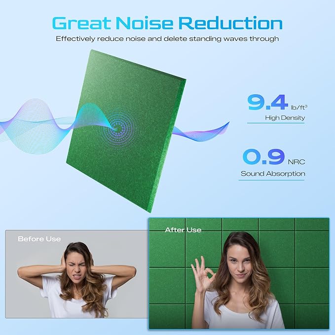 22 Pack Self-Adhesive Acoustic Panels, 12" X 12" X 0.4" High-Density Sound Proof Foam Panels for Walls, Soundproof Wall Panels for Home & Office (Green)