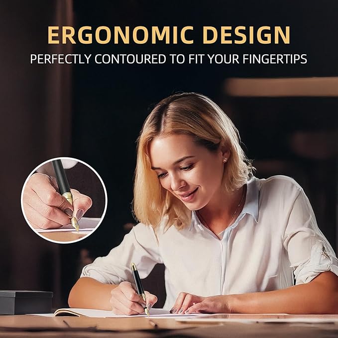 Luxury Fountain Pen Gift Set For Writing Smooth, Fine Nib, Includes Refillable Ink Converter &10 Black 3.4mm Ink Cartridges Metal Pen,Journaling Fancy Pen
