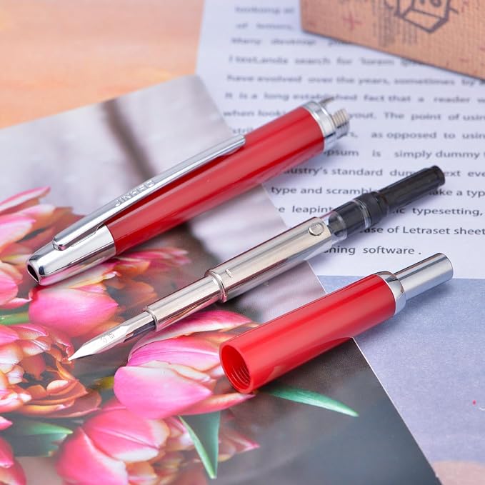 Jinhao 20 Press Fountain Pen, Palace Red Retractable Fine Nib with Ink Converter Set (Silver Clip)