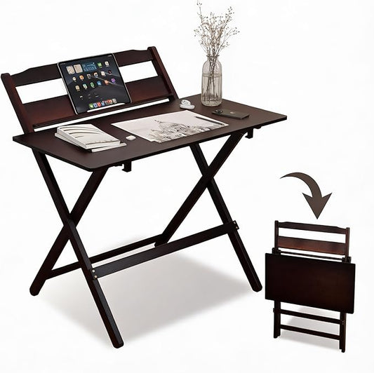 Bamboo Foldable Desk, 31" Portable Oversized Desk with 3 Adjustable Heights, Home Office Computer Desk with Reading Shelf, Perfect Furniture for Living Room & Bedroom, No Assembly (Walnut)
