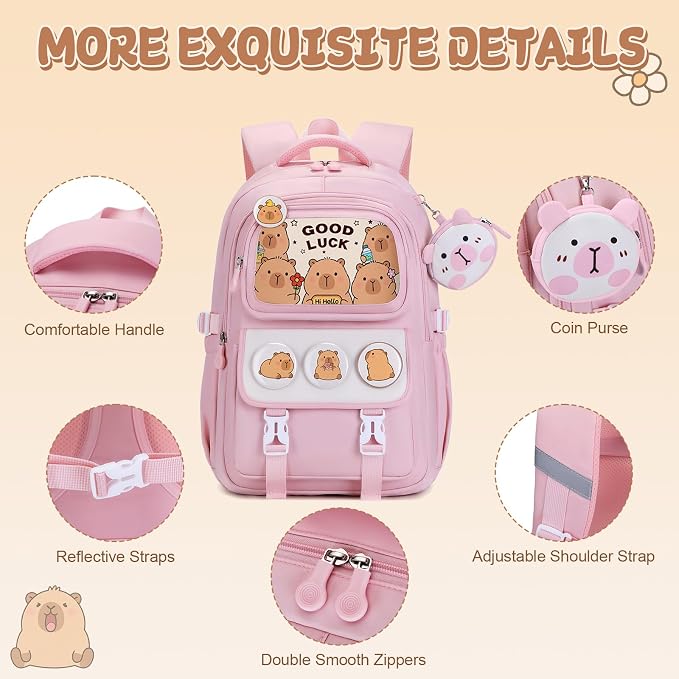 Capybara Backpack for Girls with Headphones - 4PCS Girls Backpack for Kindergarten Elementary Middle High School Travel - 3.5mm Wired Headphones Backpacks Back to School Gift(Pink)