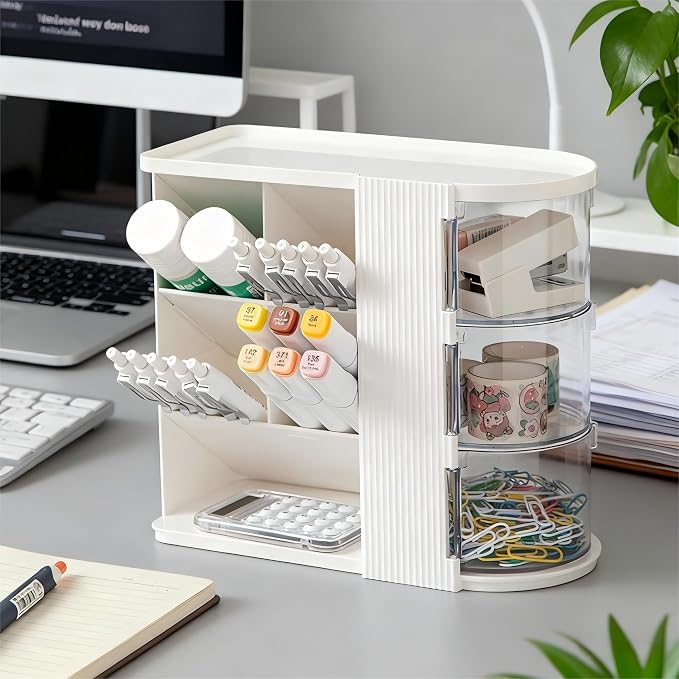 Desk Organizer with Pen Pencil Holder for Desk, Pen Organizer with 3 Drawers, Multi-Functional Desk Organization Deals and Accessories Desktop Storage for Office Home Art Supplies (White)