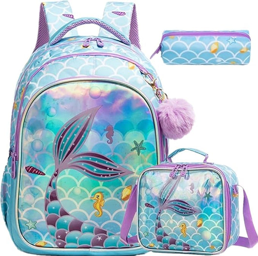 Kids Backpacks for Girls Mermaid School Bag with Lunch Box Lightweight Travel Backpack for Kids 3 in 1 Bookbag Back to School Supplies (12803-3)