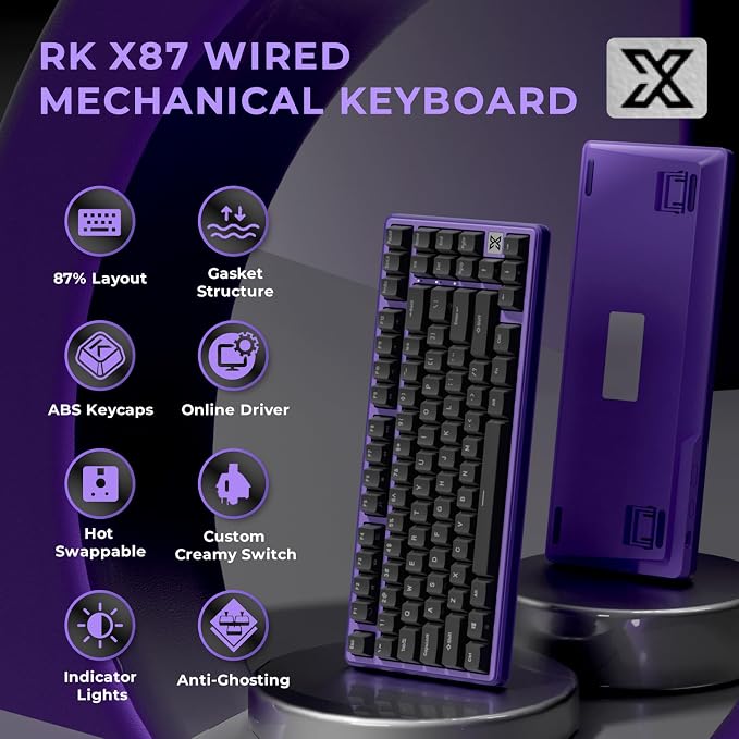 RK ROYAL KLUDGE X87 Mechanical Keyboard 75% Wired Keyboard Gaming with 86 Keys, Gasket Mount, Ice-Blue Backlight, Purple Shell Design, Software Support, Hot-Swappable Creamy Switch Black